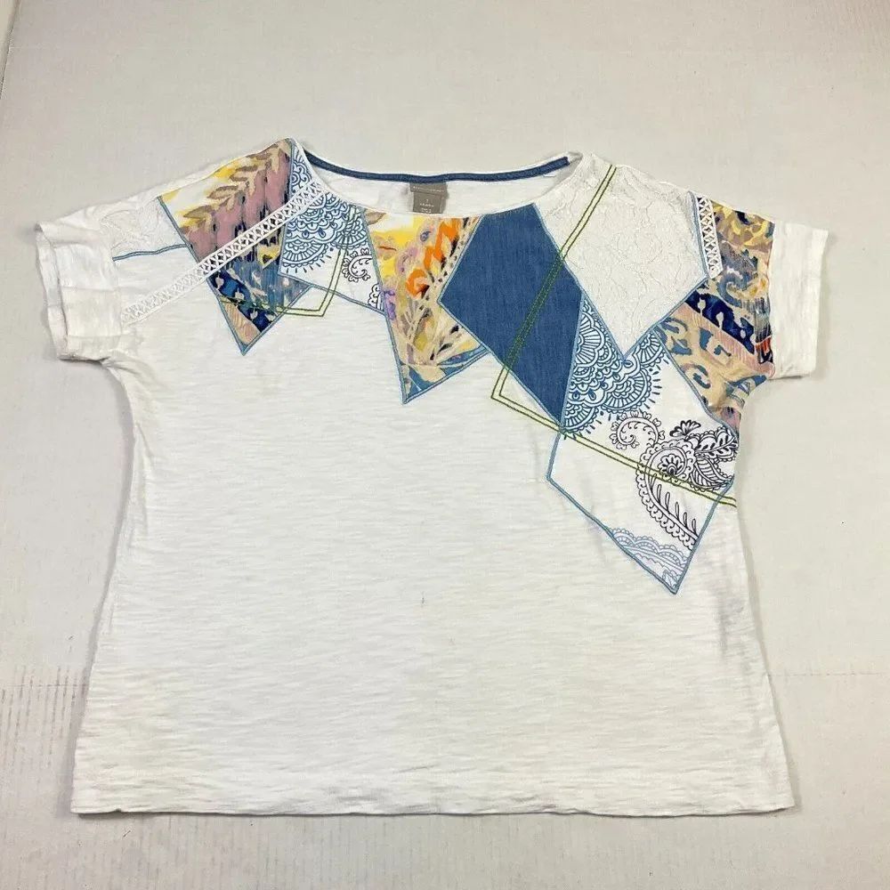 Chicos Patch Detail Tee White Mixed Print Dolman Short Sleeve T-Shirt 1 M Medium